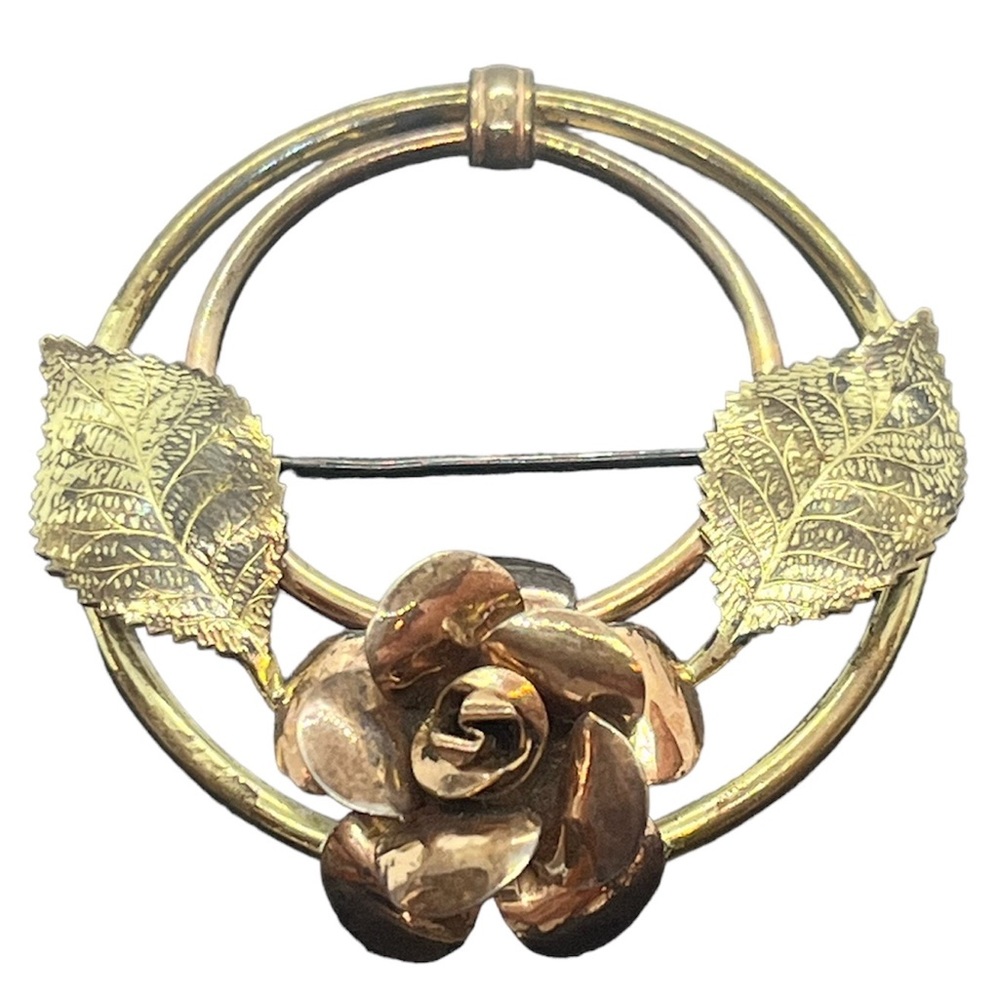 Vintage DIANA signed Rose Flower Brooch Pin gold tone leaves circle